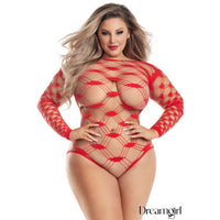 female wearing a net teddy in red, front view