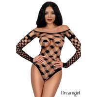 female wearing a net teddy in black, front view