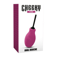 Pink anal douche with packaging displaying 'Cheeky Pure' on a white background
