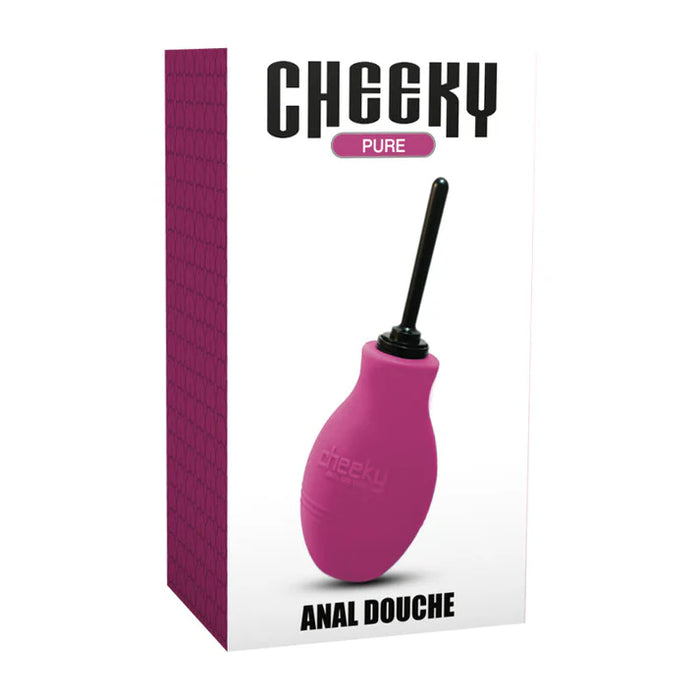 Pink anal douche with packaging displaying 'Cheeky Pure' on a white background
