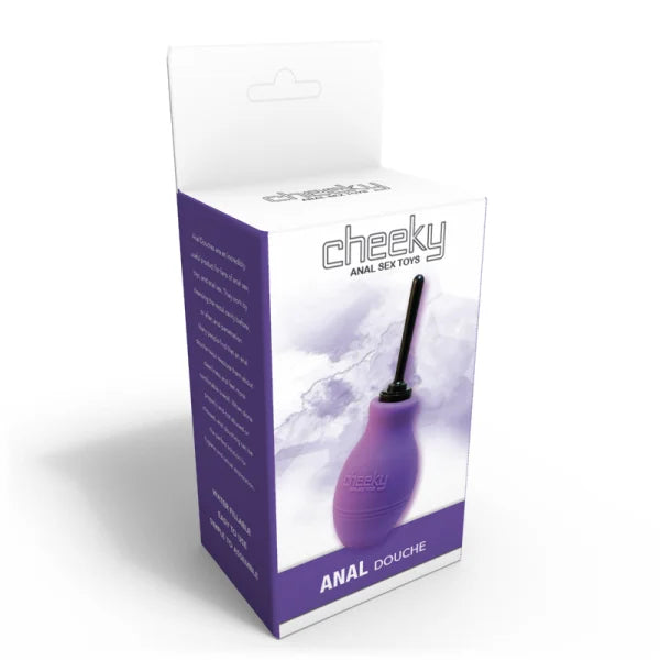 Purple anal douche packaging with 'cheeky' branding on a white background
