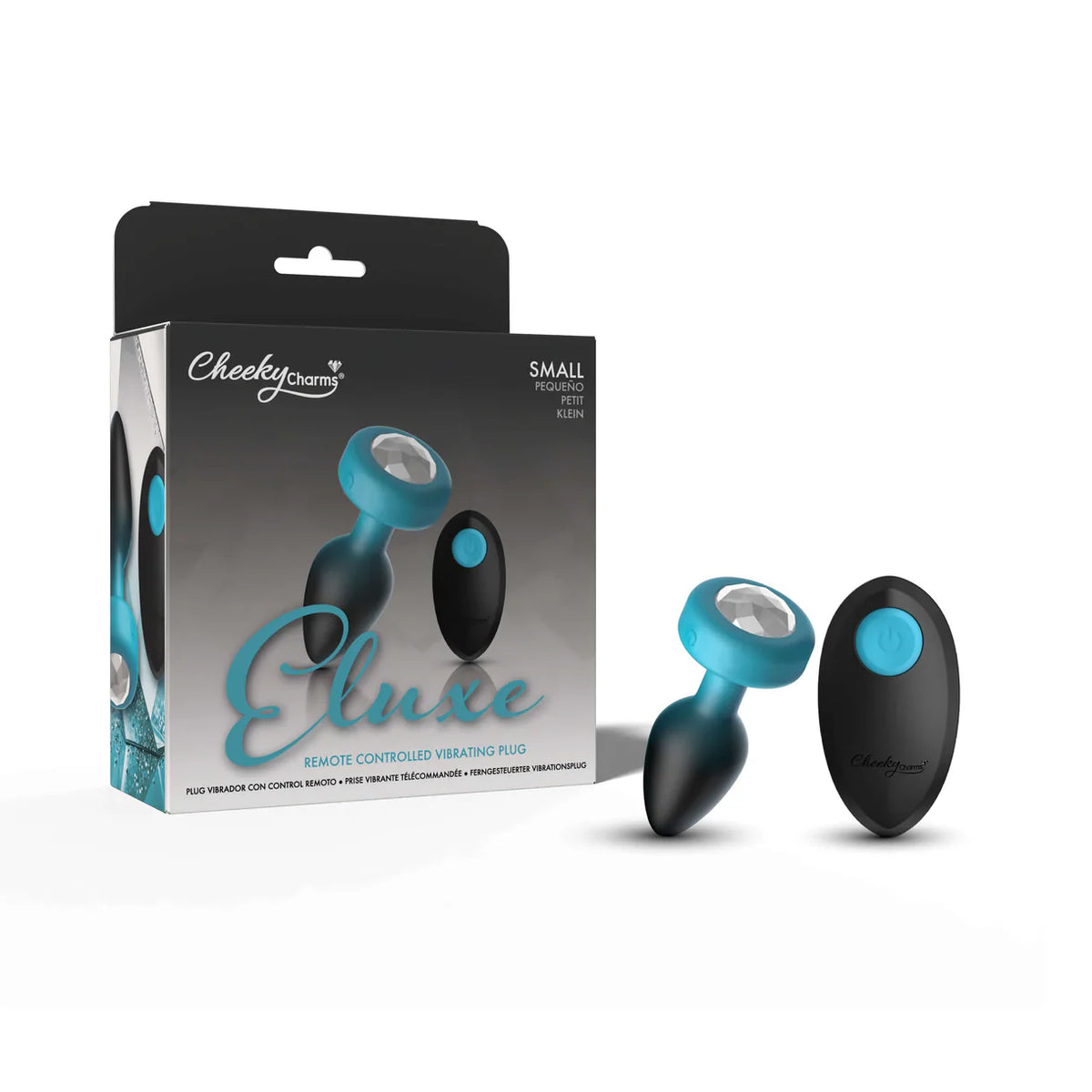 Black and blue ombre anal plug with remote with packaging labeled 'Eluxe' on a white background