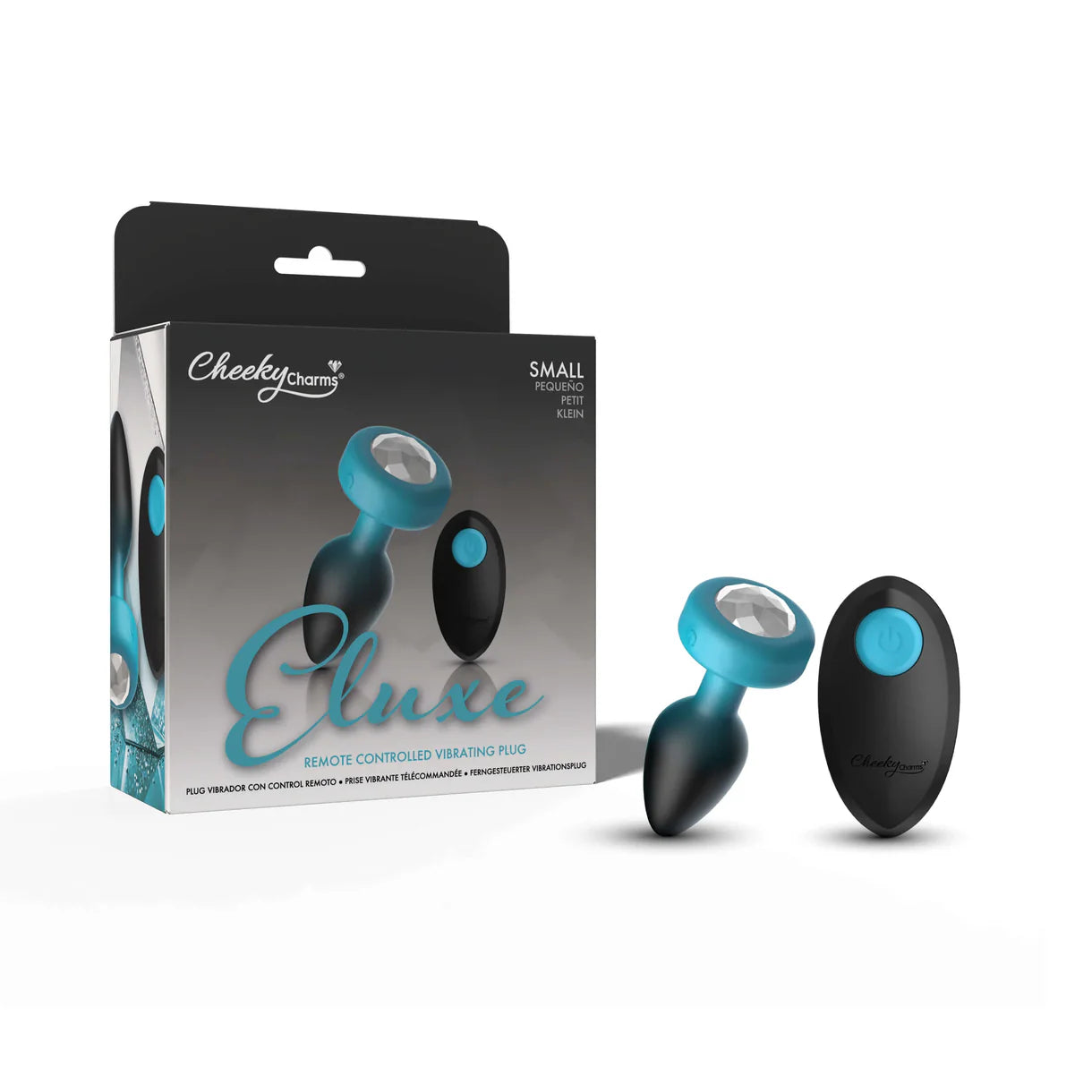 Black and blue ombre anal plug with remote with packaging labeled 'Eluxe' on a white background