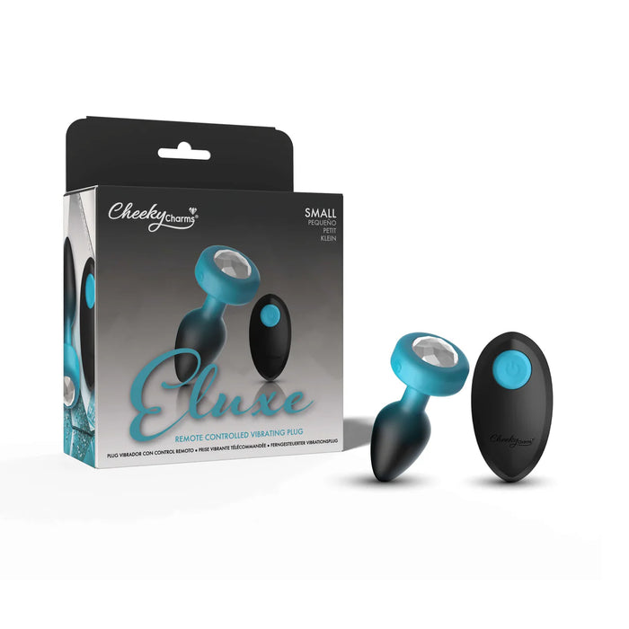 Black and blue ombre anal plug with remote with packaging labeled 'Eluxe' on a white background
