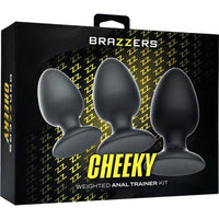 3 sized black weighted anal plugs, on product packaging, on white back ground