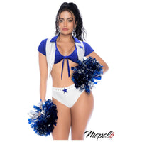 Woman in blue and white cheerleading outfit with pom-poms on a white background