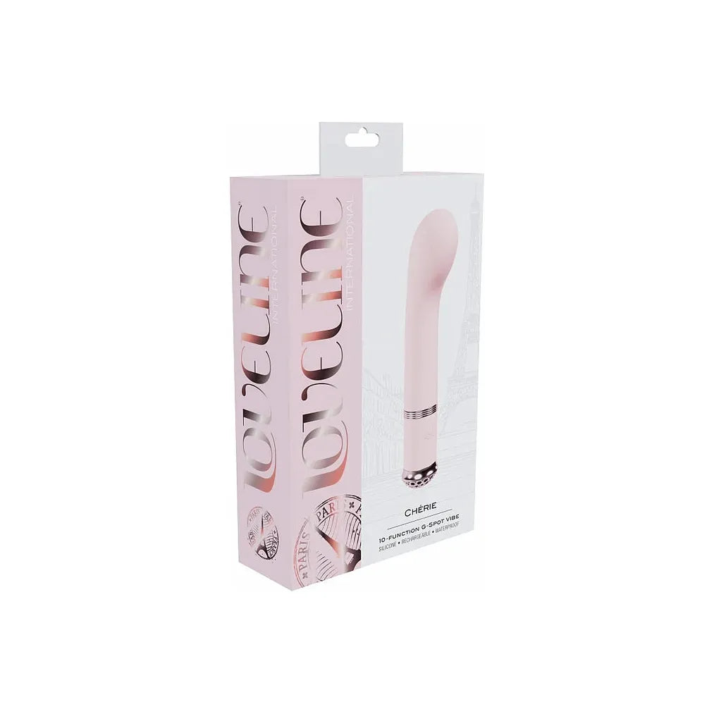 pink g spot vibrator with bulb head & glitter bottom, on box packaging