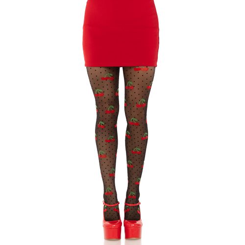 Black tights with red cherry pattern worn with a red dress and shoes on a white background