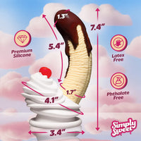 Measurement chart of an banana split dildo with 'Simply Sweet' branding against a cloud background.