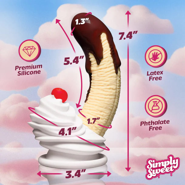 Measurement chart of an banana split dildo with 'Simply Sweet' branding against a cloud background.