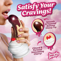 Product advertisement with a hand holding a chocolate-dipped banana split  and cherry dildo, labeled 'Simply Sweet'.