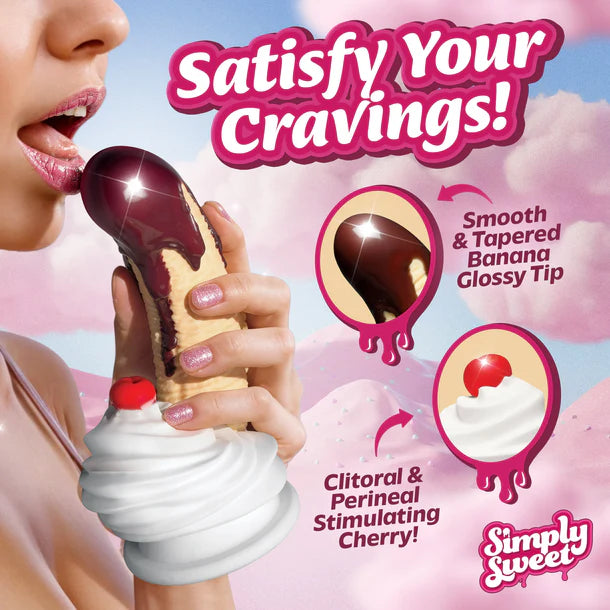 Product advertisement with a hand holding a chocolate-dipped banana split  and cherry dildo, labeled 'Simply Sweet'.