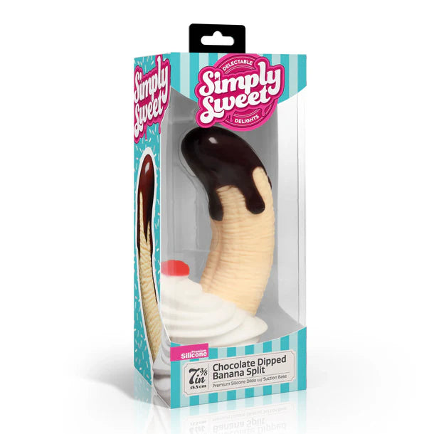 Chocolate dipped banana split dildo in packaging with 'Simply Sweet' branding.