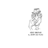 Cartoon character , 'Merry Christmas & Happy New Year' text on a white background