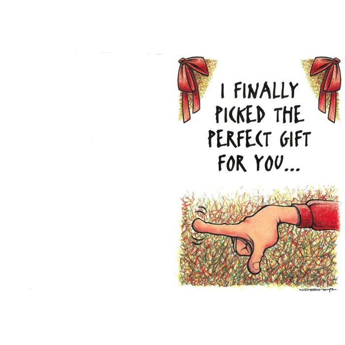 Cartoon hand pointing to a gift with text 'I finally picked the perfect gift for you' on a white background.