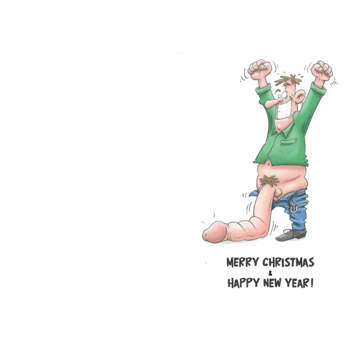 Cartoon character with raised arms and a Christmas message on a white background