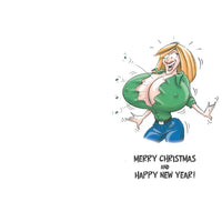 Cartoon character with a green shirt and blue pants, text 'Merry Christmas and Happy New Year!' on a white background