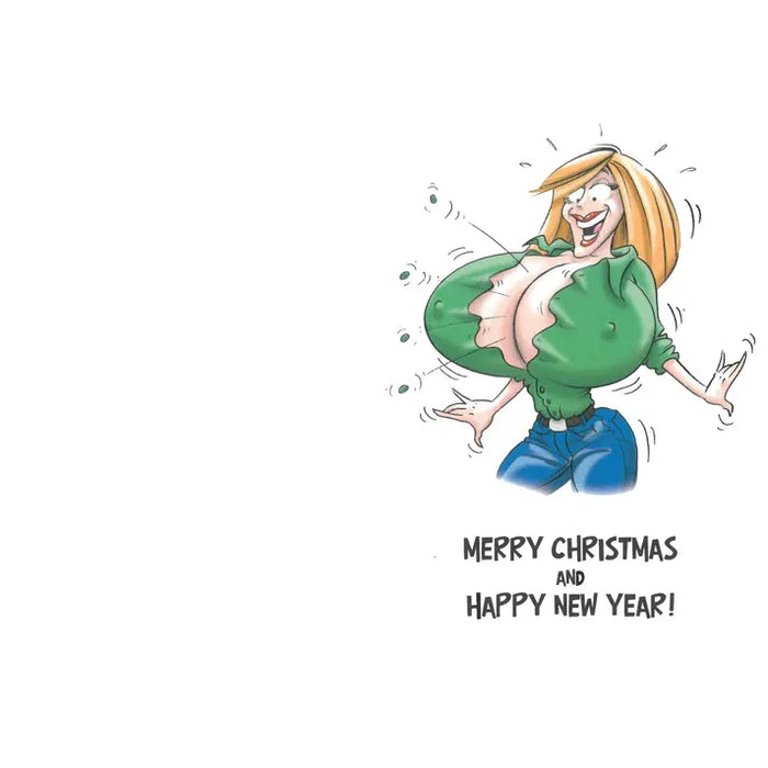 Cartoon character with a green shirt and blue pants, text 'Merry Christmas and Happy New Year!' on a white background