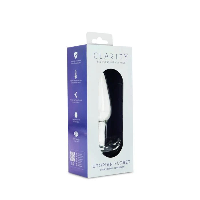 Clarity Utopian Floret glass anal plug packaging on a white background