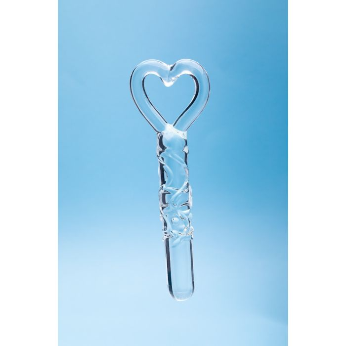 glass dildo with heart at the top as a finger ring holder