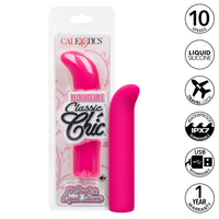 sleek g spot vibrator in pink with curved head beside box