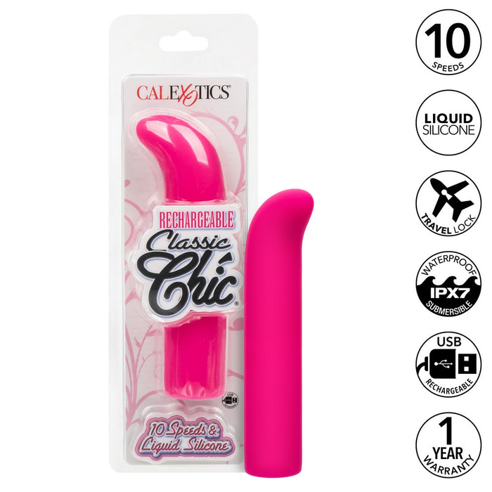 sleek g spot vibrator in pink with curved head beside box