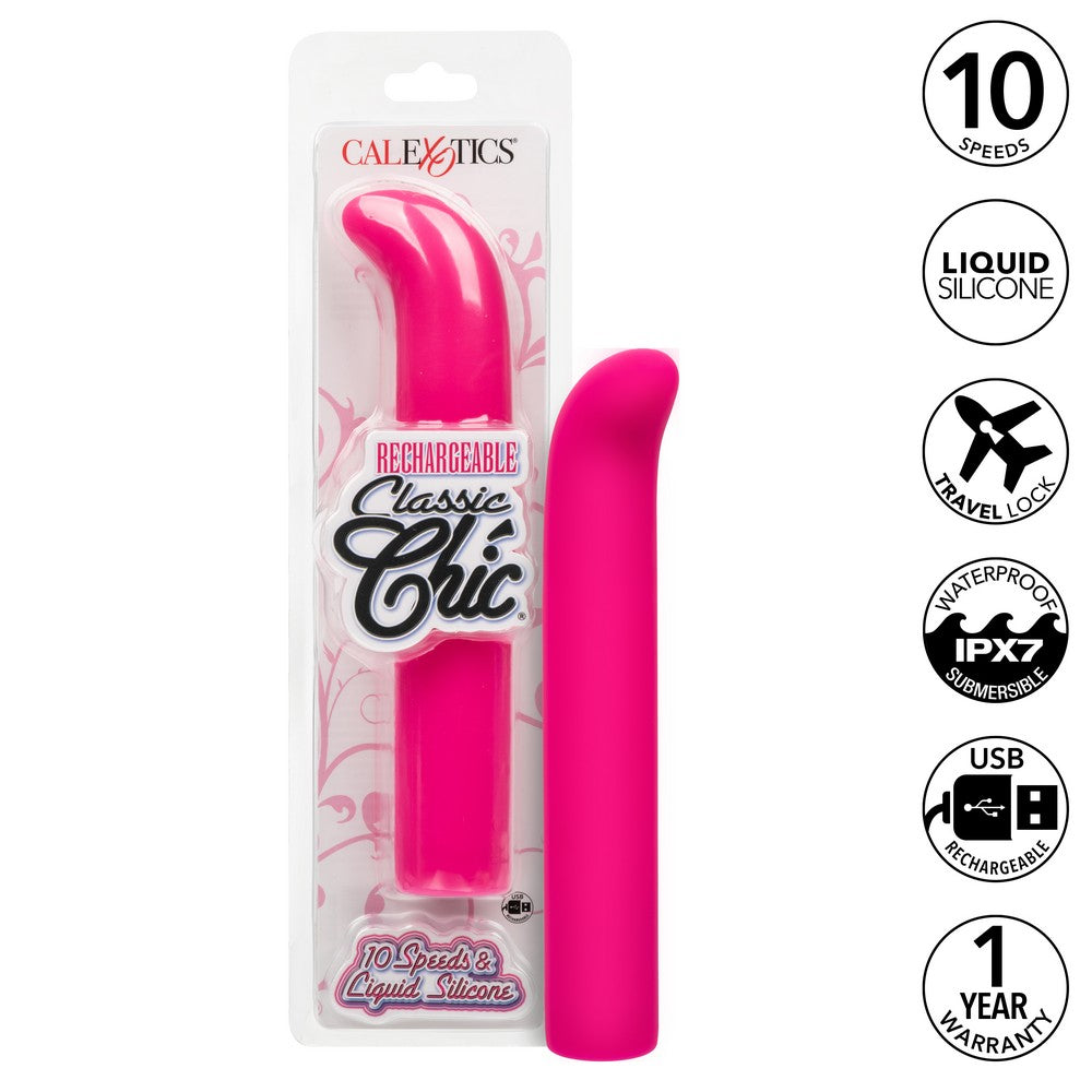 sleek g spot vibrator with curved head in pink, beside box