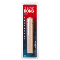 a beige penis shaped dildo shown in its plastic packaging