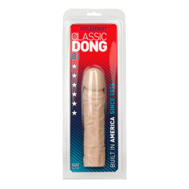 a beige penis shaped dildo shown in its plastic packaging