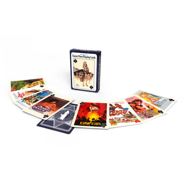 The image displays a special edition deck of playing cards titled "Classic Porn Playing Cards" by Wood Rocket. The cards are spread out to showcase various vintage and erotic illustrations, reminiscent of classic adult entertainment imagery.