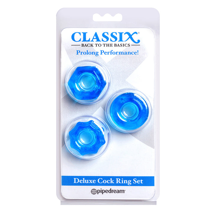 plastic package containing blue jelly assorted shaped cock rings