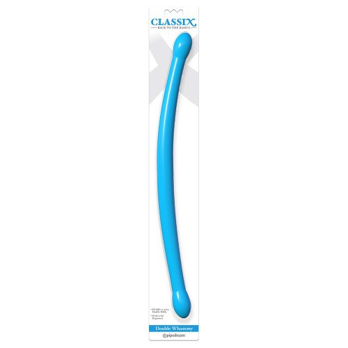 Blue double dildo on a white background with 'Classix' branding.