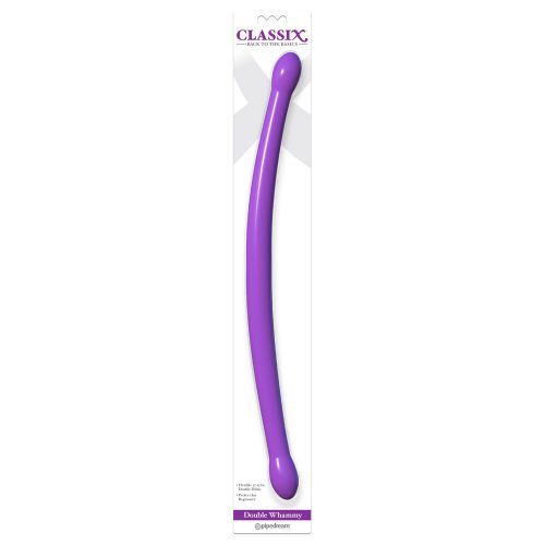 Purple double dildo with 'Classix' branding on a white background