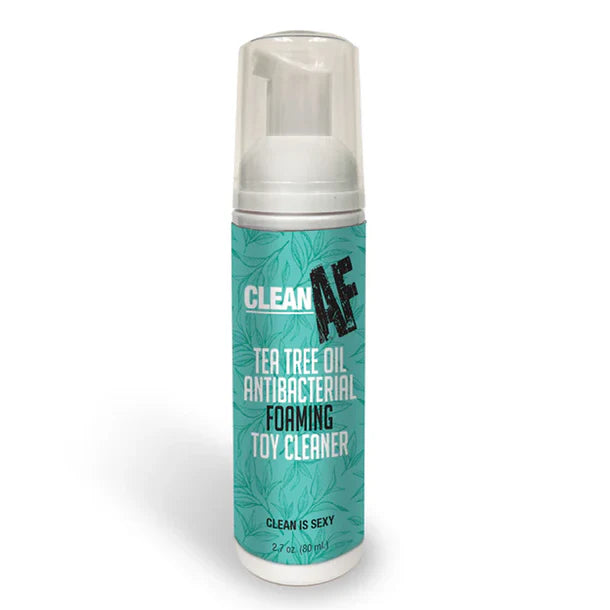 Teal can of Clean AF Tea Tree Oil Antibacterial Foaming Toy Cleaner on a white background