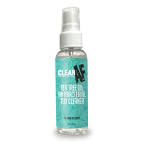 Tea tree oil antibacterial toy cleaner bottle with teal label on a white background