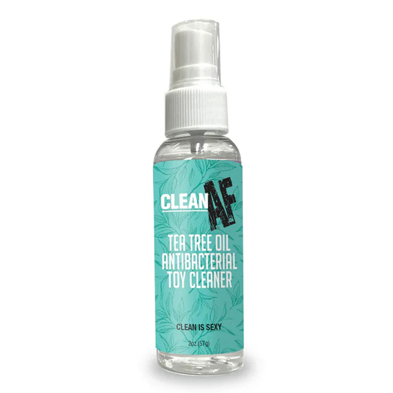 Tea tree oil antibacterial toy cleaner bottle with teal label on a white background