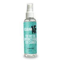 Tea tree oil antibacterial toy cleaner bottle with teal label on a white background