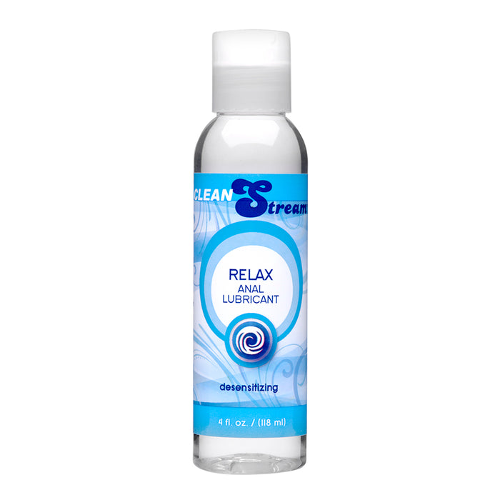 clear bottle of relax anal lubricant with blue wrapper 4oz