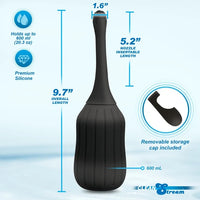 Black silicone bulb syringe with measurements and features on a light blue background