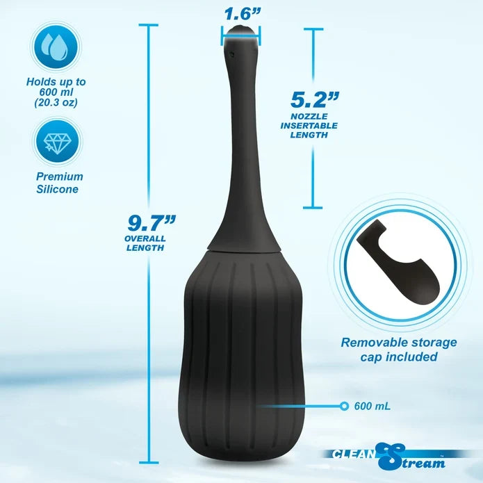 Black silicone bulb syringe with measurements and features on a light blue background