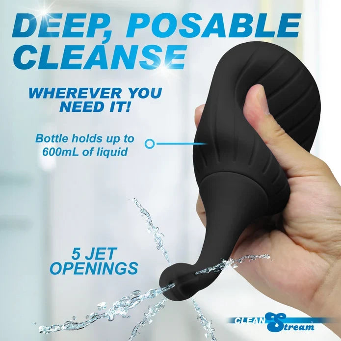 A hand holding a black handheld bottle cleaner with a curved nozzle, shown with large marketing text reading 'DEEP, POSABLE CLEANSE' and 'WHEREVER YOU NEED IT!' on a bright white background with water splash graphics.