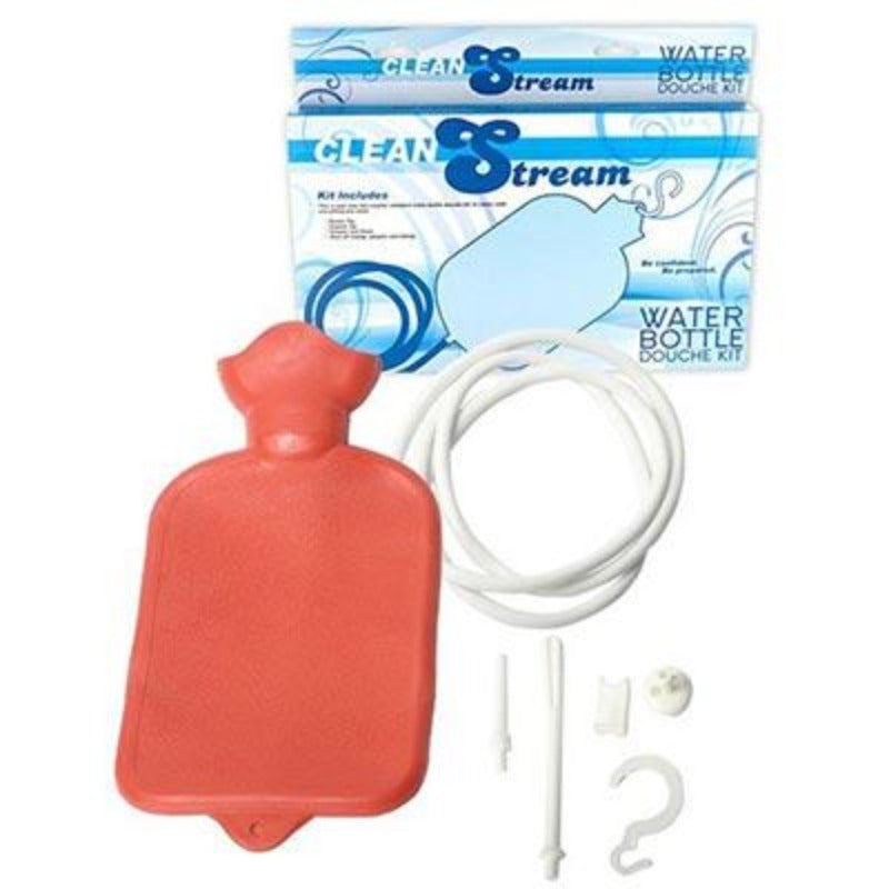 Water bottle douche kit with red bag, hose, and packaging on a white background