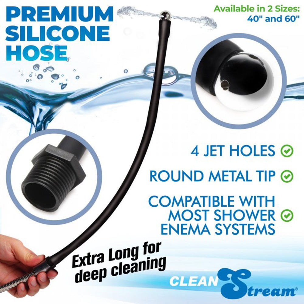 Premium silicone hose with features highlighted, including jet holes and metal tip, on a white background.