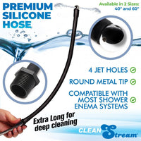 Premium silicone hose with features highlighted, including jet holes and metal tip, on a white background.