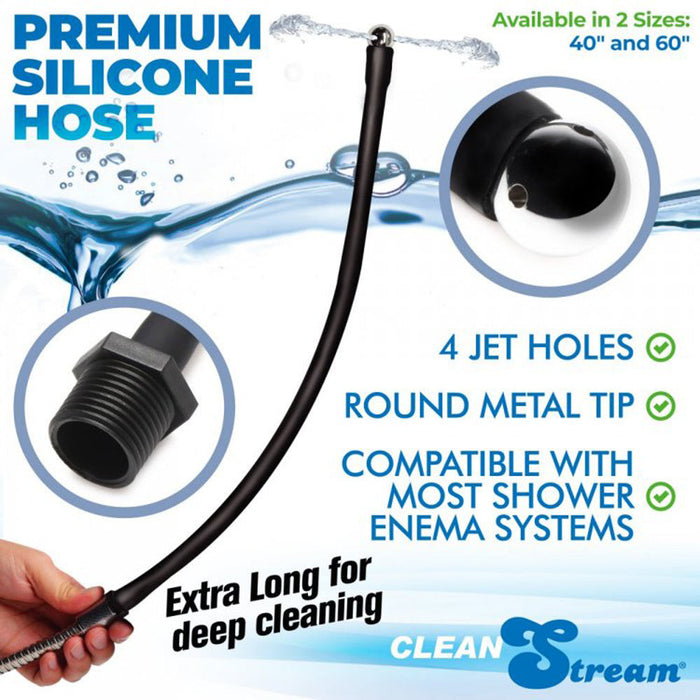 Premium silicone hose with features highlighted, including jet holes and metal tip, on a white background.