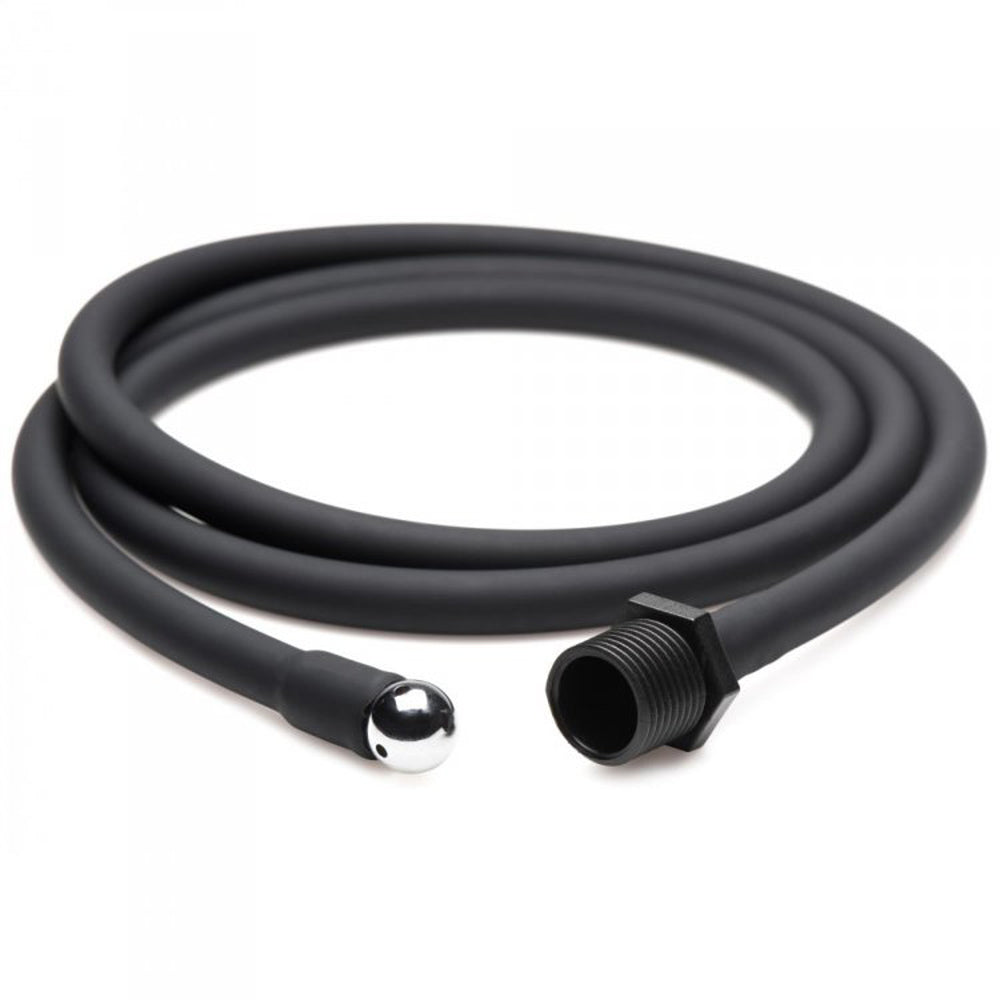 Black  hose with silver nozzle on a white background