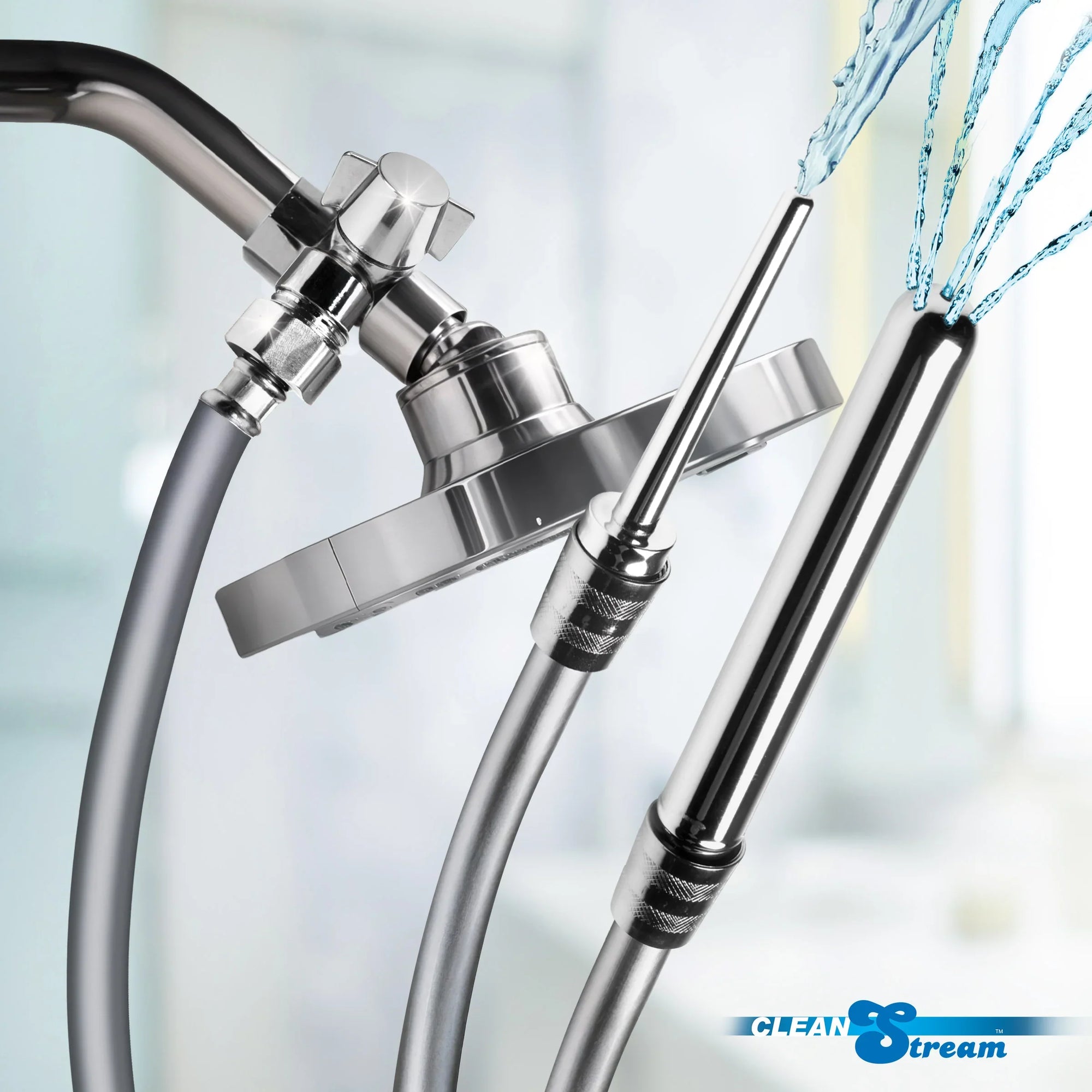 Chrome shower head and hose with water spraying, featuring the Blue Stream logo.