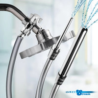 Chrome shower head and hose with water spraying, featuring the Blue Stream logo.