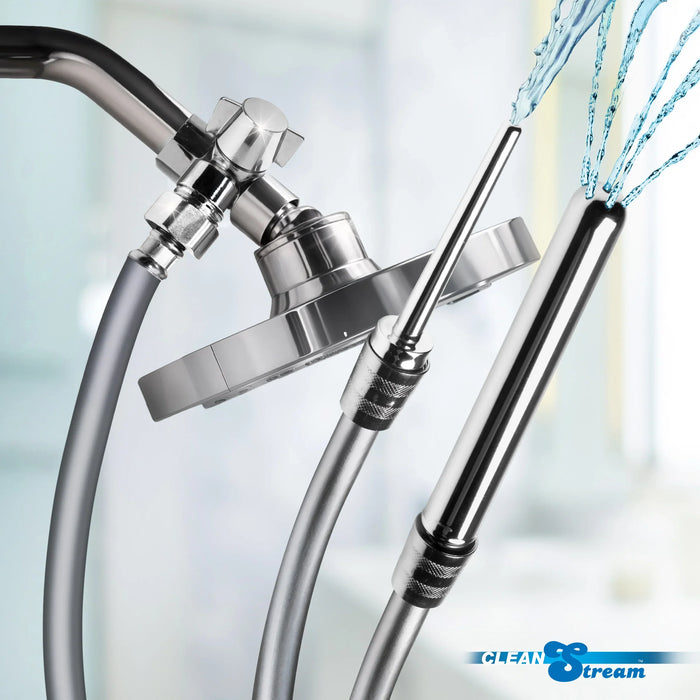 Chrome shower head and hose with water spraying, featuring the Blue Stream logo.