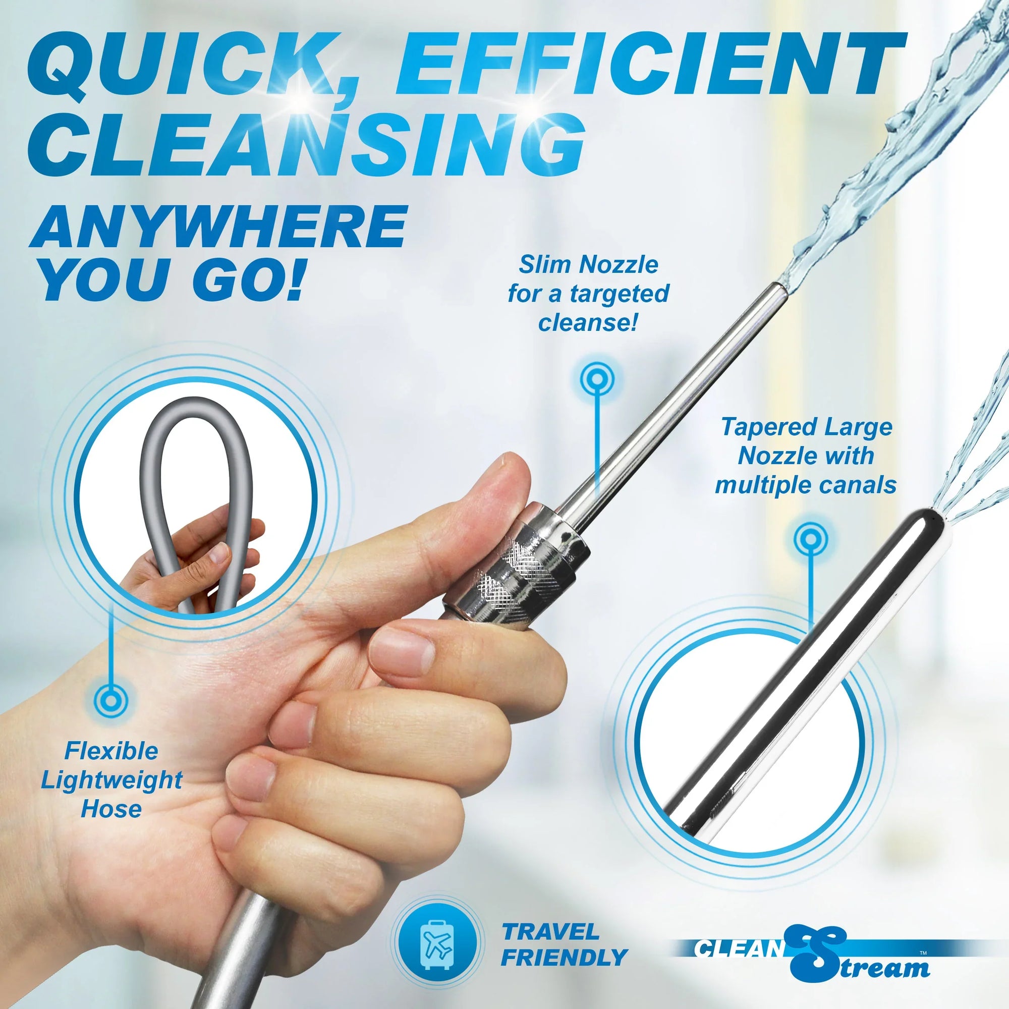 Handheld cleaning tool with various nozzles and text highlighting features and benefits.